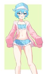 Rule 34 | 1boy, :d, bare shoulders, bikini, bikini under clothes, blue eyes, blue hair, blue headwear, border, collarbone, frilled bikini, frills, green background, highres, jacket, kujira-chan (hina misora), navel, off shoulder, open mouth, outside border, personification, pink jacket, pink sweater, pmasterm, short hair, sleeves past fingers, sleeves past wrists, smile, solo, stomach, sweater, swimsuit, trap, virtual youtuber, wactor production, whale, whale hat, white border