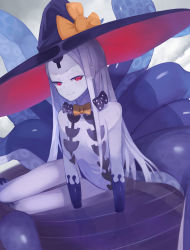 Rule 34 | 1girl, abigail williams (fate), abigail williams (third ascension) (fate), absurdres, black gloves, black panties, bow, breasts, colored skin, fate/grand order, fate (series), gloves, hat, hat bow, highres, keyhole, long hair, multiple bows, navel, orange bow, panties, polka dot, polka dot bow, purple bow, red eyes, sitting, skinny, small breasts, smile, solo, tentacles, underwear, water, white hair, white skin, witch hat