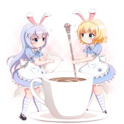 Rule 34 | 2girls, animal ears, apron, black footwear, blonde hair, blue dress, blue eyes, blue hair, blush, closed mouth, coffee, commentary request, cup, dress, eighth note, eye contact, frilled apron, frills, gochuumon wa usagi desu ka?, goth risuto, green eyes, hair between eyes, hair ornament, hairband, holding, holding spoon, kafuu chino, kirima syaro, kneehighs, long hair, looking at another, milk, mini person, minigirl, multiple girls, musical note, puffy short sleeves, puffy sleeves, rabbit ears, saucer, shoes, short sleeves, simple background, smile, socks, spoon, standing, striped clothes, striped legwear, striped socks, teacup, very long hair, white apron, white background, white hairband, wrist cuffs, x hair ornament