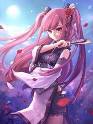 Rule 34 | 1girl, bad id, bad pixiv id, chinese clothes, detached sleeves, female focus, flower, folded fan, folding fan, gradient background, hair flower, hair ornament, hair ribbon, hand fan, highres, lace, long hair, looking at viewer, moon, nature, outdoors, petals, pink eyes, pink hair, plant, rasneko, ribbon, sangokushi taisen, shuuki, sky, smile, solo, twintails