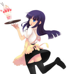 Rule 34 | 1girl, apron, black thighhighs, blue eyes, female focus, food, fruit, long hair, looking back, open mouth, purple hair, shin (new), simple background, skirt, solo, strawberry, thighhighs, tray, waitress, white background, working!!, yamada aoi