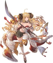 Rule 34 | 1girl, ahoge, anila (granblue fantasy), bell, blonde hair, blunt bangs, breasts, cape, cleavage, closed mouth, draph, full body, fur trim, gloves, granblue fantasy, granblue fantasy versus: rising, highres, holding, holding weapon, horns, huge breasts, long hair, looking at viewer, minaba hideo, official art, pleated skirt, sheep horns, skirt, smile, solo, standing, tassel, thighhighs, transparent background, weapon, white gloves, yellow eyes, zettai ryouiki