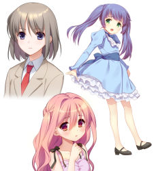 Rule 34 | 3girls, :d, bare arms, bare shoulders, black footwear, black ribbon, blazer, blue dress, blue eyes, blush, collared shirt, commentary request, cropped torso, dress, expressionless, green eyes, hair between eyes, hand up, jacket, light brown hair, long hair, long sleeves, looking at viewer, looking to the side, multiple girls, necktie, no socks, open mouth, original, parted lips, pink hair, purple hair, red eyes, red necktie, ribbon, sash, shirt, shoes, short hair, simple background, sleeveless, smile, tsuyuta, twintails, two side up, white background, white shirt