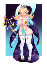 Rule 34 | 1girl, absurdres, bare shoulders, black background, blonde hair, blue background, blue eyes, blue sleeves, border, borrowed design, breasts, bridal legwear, censored, censored nipples, clothing cutout, collarbone, crown, detached sleeves, dress, fire, flipped hair, freddyhalloween, frilled sleeves, frills, full body, galaxy, glowing, gradient background, hair over one eye, hand on own chest, hand up, highres, holding, holding staff, jewelry, large breasts, legs, lips, long sleeves, mario (series), medium hair, nail polish, navel, navel cutout, nintendo, no bra, no panties, novelty censor, parted lips, pasties, pelvic curtain, purple nails, revealing clothes, rosalina, skindentation, sleeves past wrists, solo, staff, standing, star-shaped pupils, star (sky), star (symbol), star censor, star cutout, star pasties, super star (mario), starry sky print, super mario galaxy, symbol-shaped pupils, thighhighs, thighs, toe ring, toeless legwear, toenail polish, toenails, toes, white border, white thighhighs