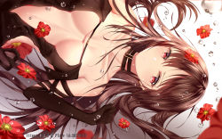 Rule 34 | 1girl, absurdres, black dress, black gloves, blurry, blurry foreground, blush, breasts, brown hair, collarbone, commentary request, depth of field, dress, dutch angle, elbow gloves, fate/grand order, fate (series), flower, gloves, hair between eyes, hand up, highres, junpaku karen, long hair, navel, parted lips, pixiv id, red eyes, red flower, revealing clothes, revision, small breasts, solo, strapless, strapless dress, very long hair, water drop, white background, yu mei-ren (fate)