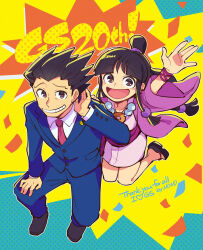 Rule 34 | 1boy, 1girl, :d, ace attorney, arm above head, arm up, black eyes, black hair, blue jacket, blue pants, blunt bangs, collared shirt, formal, full body, grin, hair ornament, half updo, hanten (clothes), highres, jacket, japanese clothes, jewelry, jumping, kimono, long hair, long sleeves, looking at viewer, magatama, maya fey, necklace, necktie, nono (norabi), obi, open mouth, pants, parted bangs, phoenix wright, pink necktie, pink sash, purple jacket, sash, shirt, shoes, short hair, short kimono, sidelocks, smile, spiked hair, suit, teeth, white kimono, white shirt