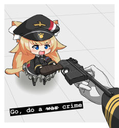 Rule 34 | 1girl, animal ears, azur lane, black headwear, blue eyes, blush, cat ears, cat tail, chibi, commentary, dress, english commentary, english text, full body, go do a crime (meme), gun, hair between eyes, hat, highres, holding, holding gun, holding weapon, long hair, long sleeves, looking ahead, meme, meowfficer (azur lane), military hat, open mouth, oscar (azur lane), outside border, parallelrey, peaked cap, standing, tail, very long hair, weapon