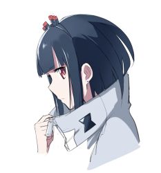 Rule 34 | 1girl, aimusu, black hair, black hairband, clothes pull, earrings, expressionless, from side, grey jacket, hair behind ear, hairband, highres, jacket, jacket pull, jewelry, jitomi monoe, looking at viewer, magnet, multicolored clothes, multicolored jacket, portrait, red eyes, short hair, solo, two-tone jacket, virtual youtuber, voms, white background, white jacket