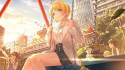 2boys 2girls ball black_hair blonde_hair blue_eyes brown_hair building buttons chain cloud coat game_cg hachimiya_meguru idolmaster idolmaster_shiny_colors leaf multiple_boys multiple_girls official_art playground sitting sunset swing train tree