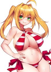 Rule 34 | 1girl, :q, ahoge, bad id, bad twitter id, bare arms, bare shoulders, bikini, blonde hair, blush, breasts, closed mouth, covered erect nipples, cowboy shot, criss-cross halter, earrings, fate/grand order, fate (series), green eyes, hair intakes, halterneck, hand on own hip, huge breasts, jewelry, legs together, long hair, looking at viewer, navel, nero claudius (fate), nero claudius (fate) (all), nero claudius (swimsuit caster) (fate), osiimi, puffy nipples, red bikini, side-tie bikini bottom, simple background, smile, solo, striped bikini, striped clothes, swimsuit, tongue, tongue out, twintails, white background