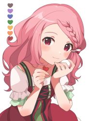 Rule 34 | 1girl, :3, blush, bokujou monogatari, braid, braided bangs, closed mouth, dress, green dress, highres, holding, inuyama nanami, looking at viewer, pink hair, potpourri (heartcatch precure!), puffy short sleeves, puffy sleeves, red dress, red eyes, short sleeves, simple background, smile, solo, upper body, white background