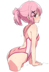 Rule 34 | 1girl, ass, ass focus, back, blue eyes, blush, breasts, chiyoda momo, commentary request, competition swimsuit, cropped legs, dripping, female focus, hair ornament, hairclip, highres, in water, looking at viewer, machikado mazoku, mel (melty pot), one-piece swimsuit, open mouth, partially submerged, pink hair, pink one-piece swimsuit, ponytail, scrunchie, simple background, small breasts, solo, swimming, swimsuit, water, wet, white background, x hair ornament