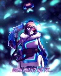 Rule 34 | 1girl, atlus, beads, belt, belt pouch, black-framed eyewear, blizzard (company), blue gloves, blue legwear, boots, brown footwear, brown hair, canister, canteen, coat, cowboy shot, crazy eyes, crazy grin, drone, energy gun, english text, eyebrows, fang, finger on trigger, floating, fur-trimmed boots, fur-trimmed jacket, fur boots, fur coat, fur trim, glasses, gloves, glowing, glowing eyes, grin, gun, hair bun, hair ornament, hair stick, handgun, hands up, holding, holding gun, holding weapon, hose, jacket, kyoute, legs together, looking at viewer, machinery, megami tensei, mei (overwatch), open mouth, overwatch, overwatch 1, parka, parody, persona, persona 3, pouch, print legwear, ray gun, red eyes, robot, shin megami tensei, short hair, sidelocks, single hair bun, smile, snowball (overwatch), snowflake hair ornament, solo, standing, swept bangs, teeth, utility belt, weapon, winter clothes, winter coat, yuuki makoto (persona 3)