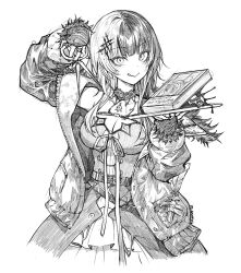 Rule 34 | 1girl, ao-chan (ninomae ina&#039;nis), belt, black hair, black nails, blunt bangs, breasts, buckle, choker, cleavage, coat, collarbone, commentary, dress, fingernails, fur-trimmed coat, fur trim, goth fashion, greyscale, hair ornament, highres, holding, holding plate, holding scissors, hololive, hololive english, jewelry, large breasts, layered dress, long hair, looking at viewer, monochrome, multicolored hair, multiple belts, multiple rings, ninomae ina&#039;nis (artist), off shoulder, open clothes, open coat, parka, pendant, pendant choker, plate, quill, ribbon, ring, scissors, shiori novella, shiori novella (1st costume), short dress, sidelocks, signature, simple background, smile, solo, spaghetti strap, split-color hair, streaked hair, striped, striped arm warmers, symbol-only commentary, tongue, tongue out, two-tone hair, unzipped, virtual youtuber, white background, white hair, yorick (shiori novella), zipper