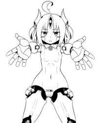 Rule 34 | 1girl, ahoge, android, automaton (monster girl encyclopedia), blush, breasts, carry me, drawfag, greyscale, incoming hug, joints, light smile, lineart, looking at viewer, md5 mismatch, monochrome, monster girl encyclopedia, nav (itsnav), navel, outstretched arms, parted lips, reaching, reaching towards viewer, robot joints, short hair, simple background, small breasts, solo, white background, wide hips