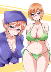 Rule 34 | 1girl, arms behind back, bikini, blue eyes, blush, bokutachi wa benkyou ga dekinai, bolobolo, breasts, cleavage, closed mouth, clothing request, collarbone, commentary request, covered erect nipples, cowboy shot, glasses, gluteal fold, green bikini, hair ribbon, hands on lap, highres, japanese clothes, large breasts, looking at viewer, multiple views, navel, ogata rizu, open mouth, orange hair, parted lips, red-framed eyewear, ribbon, semi-rimless eyewear, short hair, standing, swimsuit, thighs, under-rim eyewear, white background