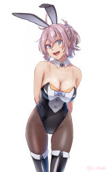 Rule 34 | 1girl, 4690 (tkpbsk), aoba (kancolle), black leotard, black pantyhose, blue eyes, blush, boots, breasts, cleavage, cowboy shot, detached collar, groin, hair between eyes, highres, kantai collection, large breasts, leotard, open mouth, pantyhose, pink hair, ponytail, short hair, simple background, smile, solo, strapless, strapless leotard, thigh boots, twitter username, white background