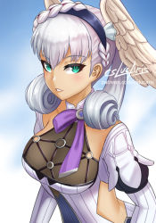 Rule 34 | 1girl, blue eyes, braid, breasts, crown braid, cslucaris, from above, head wings, medium breasts, melia antiqua, nintendo, o-ring, signature, silver hair, solo, wings, xenoblade chronicles: future connected, xenoblade chronicles (series), xenoblade chronicles 1