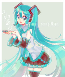 Rule 34 | 10s, 1girl, 2014, aqua eyes, aqua hair, bad id, bad pixiv id, beamed quavers, dated, detached sleeves, hatsune miku, headset, long hair, looking at viewer, musical note, necktie, rikovui, skirt, solo, thighhighs, treble clef, twintails, very long hair, vocaloid, zettai ryouiki