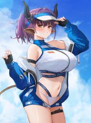 Rule 34 | 1girl, absurdres, animal ears, arknights, bikini, black gloves, blue jacket, blue sky, blush, breasts, clenched teeth, cloud, cloudy sky, cow ears, cow girl, cow horns, cow tail, cowboy shot, day, fingerless gloves, gloves, hair intakes, hand on headwear, highres, horns, jacket, karacak, large breasts, long sleeves, looking at viewer, navel, off shoulder, official alternate costume, open clothes, open jacket, outdoors, parted lips, purple hair, short hair, sideroca (arknights), sideroca (light breeze) (arknights), sky, smile, solo, stomach, sweat, swimsuit, tail, teeth, thigh strap, visor cap, white bikini, yellow eyes