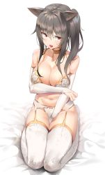 Rule 34 | 1girl, animal ears, arm grab, bare shoulders, bed sheet, between legs, black hair, blush, bow, bra, breasts, bridal gauntlets, cat ears, cat girl, collarbone, commission, fang, floral print, from above, garter belt, garter straps, hair between eyes, highres, k pring, large breasts, lingerie, looking at viewer, midriff, navel, open mouth, original, panties, red eyes, rose print, side ponytail, sidelocks, sitting, soles, stomach, sweat, thighhighs, thighs, tongue, underwear, underwear only, white bra, white panties, white thighhighs