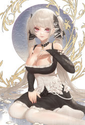 Rule 34 | 1girl, azur lane, bad id, bad pixiv id, black dress, black ribbon, breasts, cirilla lin, cleavage, closed mouth, dress, formidable (azur lane), hair ornament, hair ribbon, hand on breast, highres, large breasts, lips, long hair, looking at viewer, nail polish, platinum blonde hair, purple eyes, ribbon, sitting, solo, thighhighs, twintails, white thighhighs