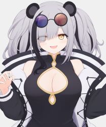 Rule 34 | 1girl, :d, arknights, bare shoulders, black dress, black hair, blue-tinted eyewear, blush, breasts, china dress, chinese clothes, cleavage, cleavage cutout, clothing cutout, dress, eyes visible through hair, eyewear on head, fang, feater (arknights), grey hair, hair over one eye, highres, jacket, large breasts, long hair, long sleeves, looking at viewer, multicolored hair, official alternate costume, open clothes, open jacket, open mouth, red-tinted eyewear, risshu, simple background, skin fang, smile, solo, streaked hair, sunglasses, tinted eyewear, twintails, two-tone hair, upper body, white background, white jacket, yellow eyes