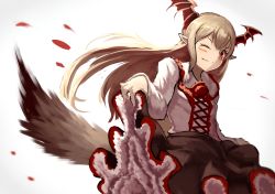 Rule 34 | 1girl, black skirt, blonde hair, blush, closed mouth, clothes lift, frilled skirt, frills, head wings, highres, lifted by self, long hair, one eye closed, painterly, petals, pointy ears, red eyes, red neckwear, red wings, shingeki no bahamut, siena (moratoriummaga), skirt, skirt lift, solo, tail, vampire, vampy, wings