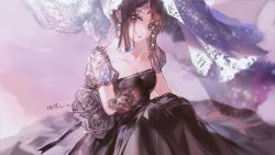 Rule 34 | 1girl, arm up, artist name, black dress, black flower, black gloves, black rose, blue eyes, blue gemstone, blurry, blurry foreground, breasts, bride, brown hair, cleavage, collarbone, commentary, dated, detached sleeves, dress, earrings, expressionless, flower, gem, gloves, gradient background, highres, jewelry, lace, lace gloves, ling mou, looking at viewer, medium breasts, necklace, original, pearl necklace, puffy short sleeves, puffy sleeves, purple background, rose, see-through, see-through sleeves, short sleeves, sidelocks, sitting, solo, symbol-only commentary, veil, wedding dress