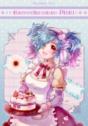 Rule 34 | 1boy, 1girl, alternate costume, apron, blue hair, bow, cake, character name, fire emblem, fire emblem fates, flower, food, gloves, hair over one eye, happy birthday, liefe, long hair, multicolored hair, nintendo, open mouth, peri (fire emblem), pink eyes, pink hair, solo, twintails, two-tone hair
