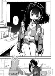 Rule 34 | 2koma, a:n (angrynum), black eyes, blue archive, blush, chewing, chopsticks, collar, comic, eating, food, food on face, food stand, greyscale, halo, highres, jacket, jacket on shoulders, kanna (blue archive), leash, long hair, looking at another, midriff, monochrome, navel, night, outdoors, plate, ringed eyes, side ponytail, stomach, sukeban (smg) (blue archive), twitter username, yakitori
