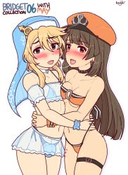 Rule 34 | 1boy, 1girl, androgyne symbol, bandeau, bare legs, bikini, bikini skirt, blonde hair, blush, breasts, bridal garter, bridget (guilty gear), brown eyes, brown hair, bulge, choker, collar, crossdressing, cuffs, earrings, flat chest, grabbing, green eyes, guilty gear, hair ornament, hat, jewelry, long hair, may (guilty gear), navel, nipples, covered erect nipples, nun, open mouth, pongldr, saliva, saliva trail, see-through, self-upload, short hair, simple background, skirt, small breasts, smile, strapless, strapless bikini, string bikini, swimsuit, thick thighs, thighs, tongue, tongue out, trap, trap on female