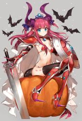 Rule 34 | 1girl, armor, bat (animal), bikini armor, blue eyes, blush, chocoan, commentary, dragon tail, elizabeth bathory (brave) (fate), elizabeth bathory (fate), fate/grand order, fate (series), greaves, horns, loose bikini, pauldrons, pumpkin, red armor, red hair, shield, shoulder armor, simple background, sitting, solo, sword, tail, weapon