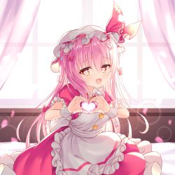 1girl apron backlighting bettle_(b_s_a_n) blush commentary_request curtains dress fang frilled_dress frills hair_between_eyes hat heart heart-shaped_pupils heart_hands highres himekuma_ribon long_hair looking_at_viewer maid_apron open_mouth pink_hair re:act red_dress short_sleeves sidelocks solo symbol-shaped_pupils virtual_youtuber wrist_cuffs yellow_eyes