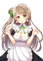 Rule 34 | 10s, 1girl, apron, blush, breasts, brown hair, cleavage, cleavage cutout, clothing cutout, earrings, hair ribbon, highres, jewelry, large breasts, long hair, love live!, love live! school idol festival, love live! school idol project, maid, maid apron, maid headdress, minami kotori, one side up, parted lips, ribbon, solo, sweatdrop, tel-o, w arms, yellow eyes