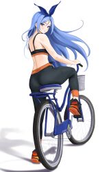 1girl ass bae_minah_(chaesu) bare_shoulders bicycle blue_eyes blue_hair chaesu from_behind hair_ribbon long_hair looking_at_viewer looking_back pants ribbon shoes sitting solo sports_bra very_long_hair