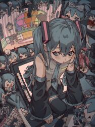 Rule 34 | 6+girls, :o, bare shoulders, black skirt, black thighhighs, blue eyes, blue hair, blue necktie, blue trim, bright pupils, character doll, crossed bangs, desk, detached sleeves, drawing tablet, figure, from above, grey shirt, hatsune miku, indoors, keyboard (computer), long hair, looking down, mini person, minigirl, monitor, mouse (computer), multiple girls, multiple persona, necktie, open mouth, otaku room, shirt, sitting, skirt, sleeveless, sleeveless shirt, spring onion, thighhighs, through medium, through screen, tomoja rs, twintails, vocaloid, white pupils