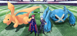 Rule 34 | 2boys, black footwear, blue jacket, blue pants, blurry, blurry background, boots, cape, collared shirt, commentary request, creatures (company), dragonite, game freak, gen 1 pokemon, gen 3 pokemon, grass, hand in pocket, helmett1997, highres, holding, holding poke ball, jacket, lance (pokemon), long sleeves, male focus, metagross, multiple boys, necktie, nintendo, own hands together, pants, poke ball, poke ball (basic), pokemon, pokemon (creature), pokemon hgss, pokemon oras, red necktie, shirt, shoes, short hair, spiked hair, stadium, standing, steven stone, stretching