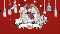 Rule 34 | 1boy, black eyes, book, character name, flower, game cg, hedgehog, highres, jacket, looking at viewer, medium hair, official art, open book, open mouth, quill, red hair, riddle rosehearts, rose, solo, teeth, twisted wonderland, upper body, upper teeth only, white jacket