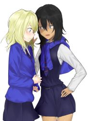 Rule 34 | 2girls, black hair, blonde hair, blue eyes, blue sweater, blush, brown eyes, crow monet, dark-skinned female, dark skin, face-to-face, girls und panzer, hair between eyes, hand on own hip, hand up, looking at another, looking down, lower teeth only, medium hair, multiple girls, necktie, open mouth, simple background, skirt, smile, sweater, sweater around neck, teeth, thighs, tongue, vest, white background, yuri