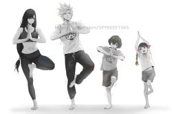 Rule 34 | 2boys, 2girls, arms up, barefoot, black hair, blue eyes, braid, braided ponytail, child, cloud strife, denzel (ff7), family, final fantasy, final fantasy vii, final fantasy vii advent children, full body, greyscale, hair ribbon, highres, long hair, looking at another, low-tied long hair, marlene wallace, midriff, monochrome, multiple boys, multiple girls, navel, own hands together, pants, red eyes, ribbon, shirt, shorts, spiked hair, sports bra, sportswear, spykeee, square enix, standing, standing on one leg, t-shirt, tifa lockhart, twitter username, watermark, yoga pants