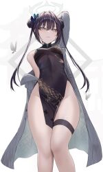Rule 34 | 1girl, bare legs, bare shoulders, black dress, black hair, blazer, blue archive, braid, braided bun, breasts, butterfly hair ornament, china dress, chinese clothes, closed mouth, double bun, dragon print, dress, grey eyes, groin, hair bun, hair ornament, halo, highres, jacket, kisaki (blue archive), long hair, looking at viewer, medium breasts, off shoulder, oni kanzei, pelvic curtain, print dress, short dress, simple background, sleeveless, sleeveless dress, small breasts, solo, thigh strap, twintails, white background