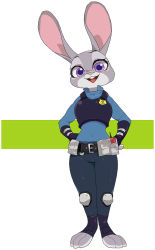Rule 34 | 1girl, animal ears, animal hands, badge, belt, belt pouch, black pants, black vest, blue shirt, covered navel, female focus, full body, furry, furry female, hands on own hips, hatenakayubi, judy hopps, long sleeves, looking at viewer, open mouth, pants, police, police badge, police uniform, pouch, purple eyes, rabbit ears, shirt, simple background, smile, solo, standing, teeth, two-tone background, uniform, vest, white background, zootopia