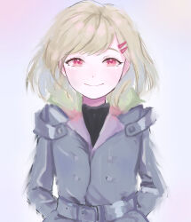 Rule 34 | 1other, antenna hair, aqua coat, belt, blonde hair, coat, gnosia, hair between eyes, hair ornament, hairclip, highres, looking at viewer, other focus, red eyes, setsu (gnosia), short hair, simple background, smile, solo, turtleneck, user tnvk4885