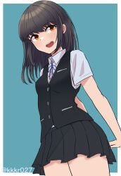 Rule 34 | 1girl, arms behind back, black hair, black skirt, black vest, blue background, collared shirt, dress shirt, hayashio (kancolle), highres, kantai collection, koureikyou kou, long hair, one-hour drawing challenge, open mouth, orange eyes, pleated skirt, round teeth, school uniform, shirt, skirt, smile, solo, teeth, twitter username, two-tone background, upper teeth only, vest, white shirt