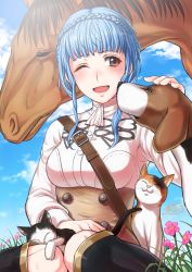 Rule 34 | 1girl, alternate costume, blue hair, blue sky, boots, braid, breasts, brown eyes, buttons, cat, cloud, crown braid, day, dog, double-breasted, fire emblem, fire emblem: three houses, flower, garreg mach monastery uniform, horse, knee boots, knees, long sleeves, marianne von edmund, medium breasts, nintendo, official alternate costume, one eye closed, open mouth, outdoors, sitting, sky, smile, soyo2106, uniform