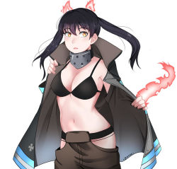 Rule 34 | 1girl, animal ears, armpits, artist request, bare shoulders, belt, black bra, black coat, black hair, black panties, blush, bra, breasts, cat ears, cat tail, cleavage, clenched hands, coat, collar, collarbone, collared coat, dressing, embarrassed, en&#039;en no shouboutai, eyelashes, female focus, fingernails, fire, firefighter, hair between eyes, highres, large breasts, long hair, looking to the side, midriff, navel, neck, outstretched arms, panties, pants, panty peek, putting on coat, pyrokinesis, revealing clothes, shiny clothes, shiny skin, shymiruku, sidelocks, simple background, slit pupils, spread arms, standing, tail, tamaki kotatsu, twintails, underwear, waist cutout, white background, yellow eyes