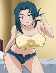 Rule 34 | 10s, 1girl, :&gt;, :d, adjusting hair, arm behind back, bare shoulders, bed, blue eyes, blue hair, blue shorts, breasts, breasts apart, camisole, cleavage, contrapposto, cowboy shot, crop top, cutoffs, denim, denim shorts, covered erect nipples, eyebrows, female focus, female pubic hair, folded ponytail, forked eyebrows, future card buddyfight, hand up, hip focus, indoors, large breasts, leaning forward, long hair, makino tomoyasu, matching hair/eyes, midriff, mikado suzumi, mature female, naughty face, navel, no bra, open fly, open mouth, pillow, pubic hair, puffy nipples, shirt, short shorts, shorts, sideboob, smile, solo, standing, taut clothes, taut shirt, thighs, yellow shirt