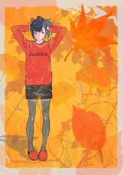 Rule 34 | 1girl, adjusting hair, autumn, autumn leaves, black eyes, black hair, black shorts, blunt bangs, dithered background, dithering, english text, flat chest, full body, ginkgo leaf, grey pantyhose, hair ornament, hair scrunchie, highres, leaf, looking to the side, maple leaf, orange theme, original, pantyhose, ponytail, red footwear, red shirt, scrunchie, shadow, shirt, shorts, slippers, solo, standing, sw.31