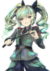 Rule 34 | &gt;:), 10s, 1girl, anchovy (girls und panzer), belt, black necktie, black ribbon, blush, cowboy shot, drill hair, eyebrows, girls und panzer, green hair, grey pants, grin, hair between eyes, hair ribbon, holding, holding riding crop, long hair, long sleeves, looking at viewer, military, military uniform, necktie, otogi kyouka, pants, pointer, red eyes, ribbon, riding crop, simple background, smile, solo, uniform, v-shaped eyebrows